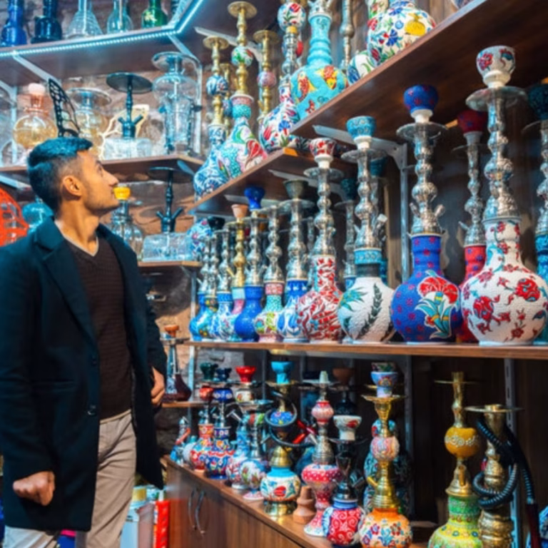 Smoke shop with glass and hookah displays