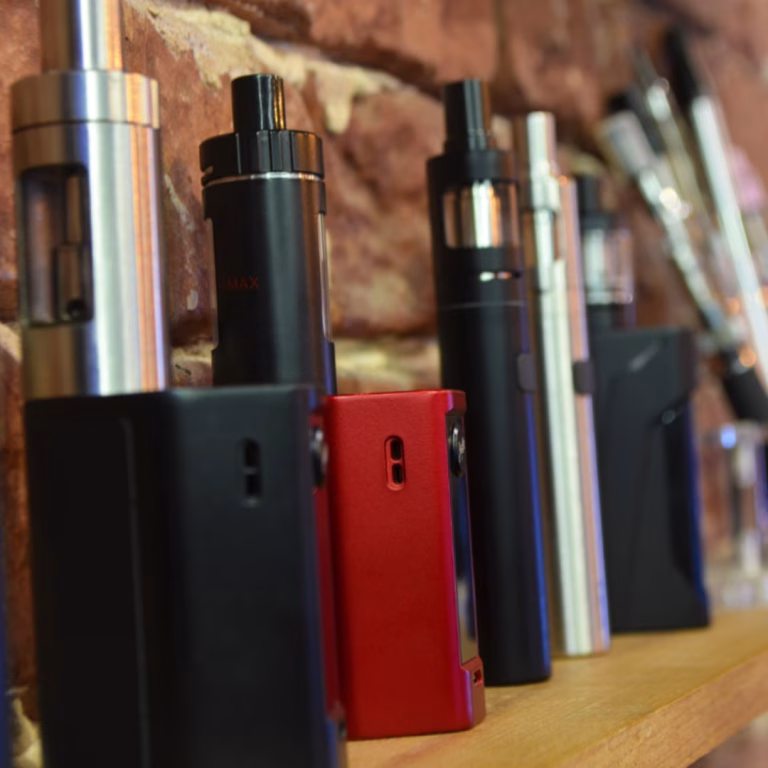 Vape devices on a shop shelf