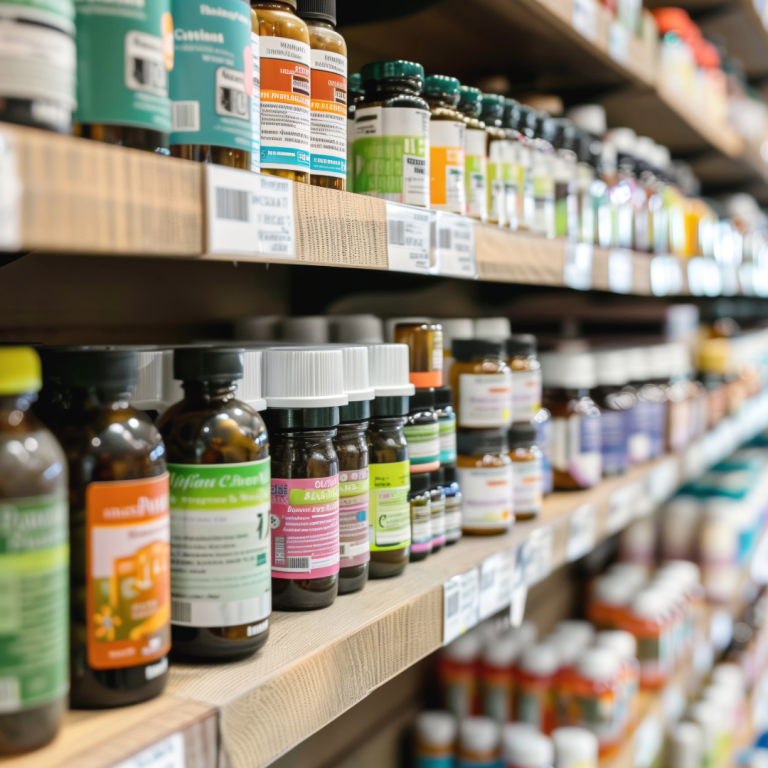 Supplements on wellness shop shelves